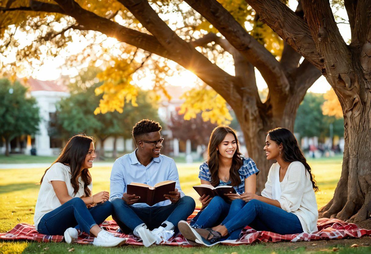 A cozy college setting depicting a diverse group of young couples engaging in intimate conversations while sitting under a tree on campus. Include elements like books, coffee cups, and playful laughter, with a warm, inviting sunset in the background. Capture the essence of connection and understanding between the couples. vibrant colors. soft focus.